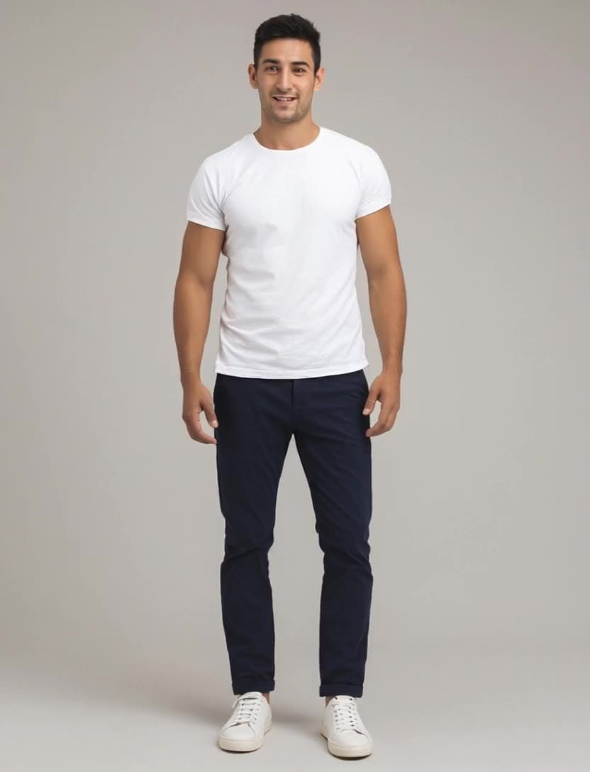 Jersey tee and chino look on the model